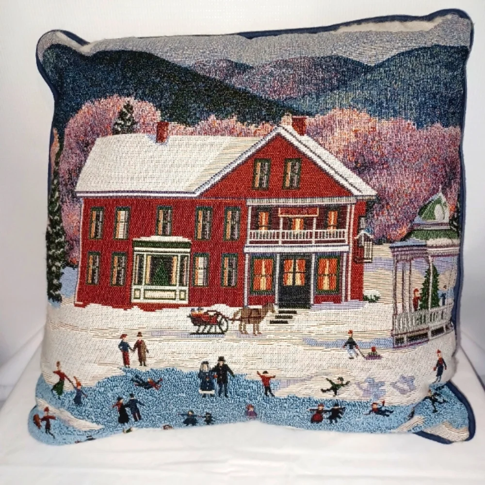 Holiday Tapestry Pillow with Winter Scene 16x16 Christmas Decor
